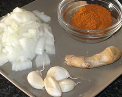 The curry paste ingredients you'll need: Onion, garlic, ginger and a good masala